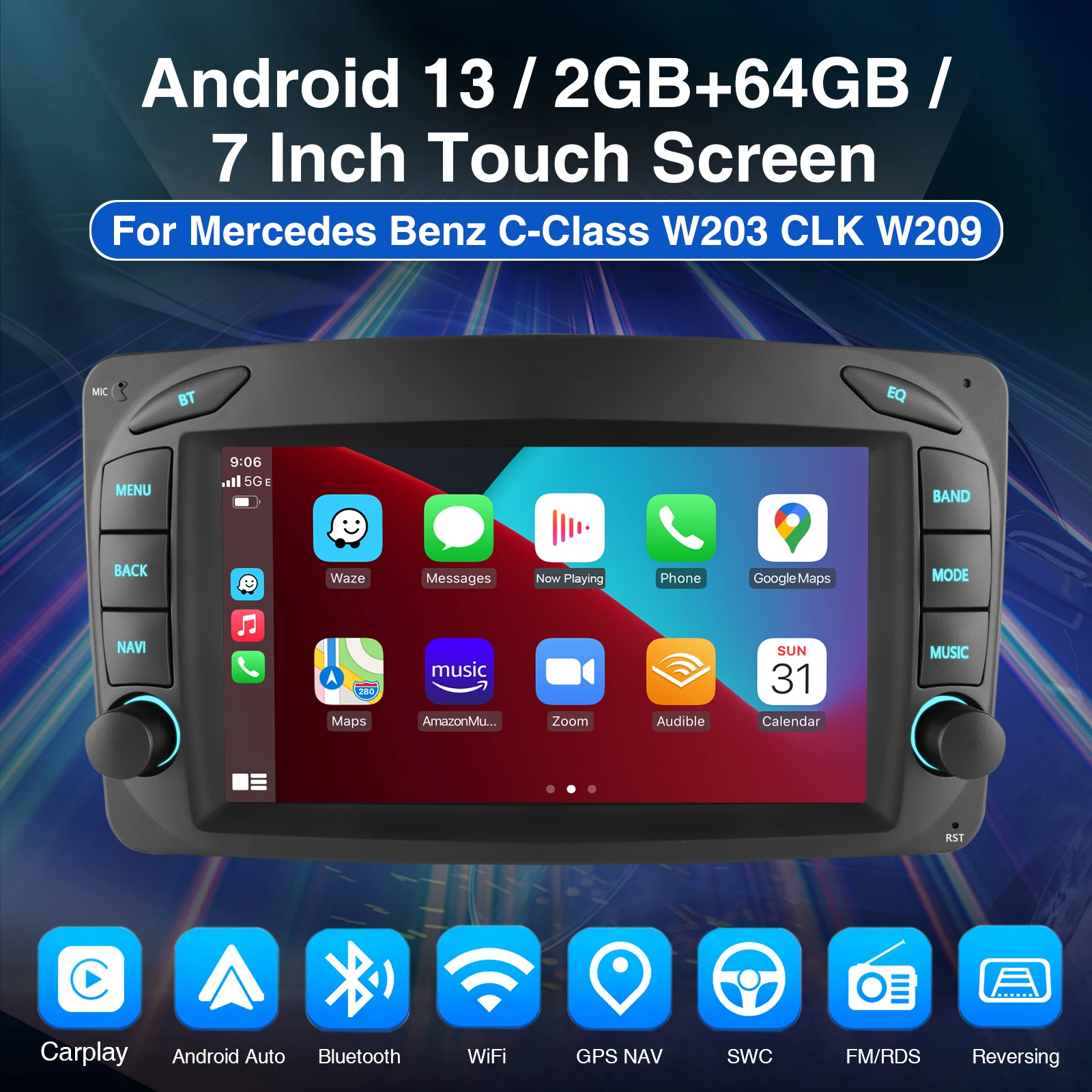 7inch 2+64G Android13 Radio Carplay Car Stereo Radio Mulitimedi Video Player For Mercedes Benz C- Class W203 W209 GPS Navigation