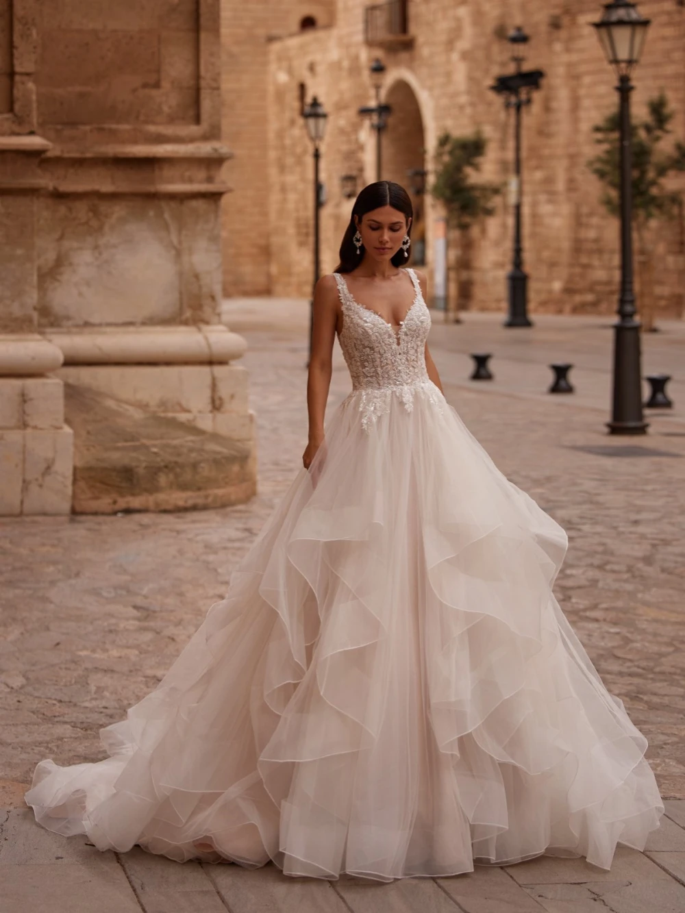 Sexy profundo decote em v sem costas vestido de casamento brilhante lantejoulas bedas noiva robe gracioso apliques longo vestido de noiva robe de mariée