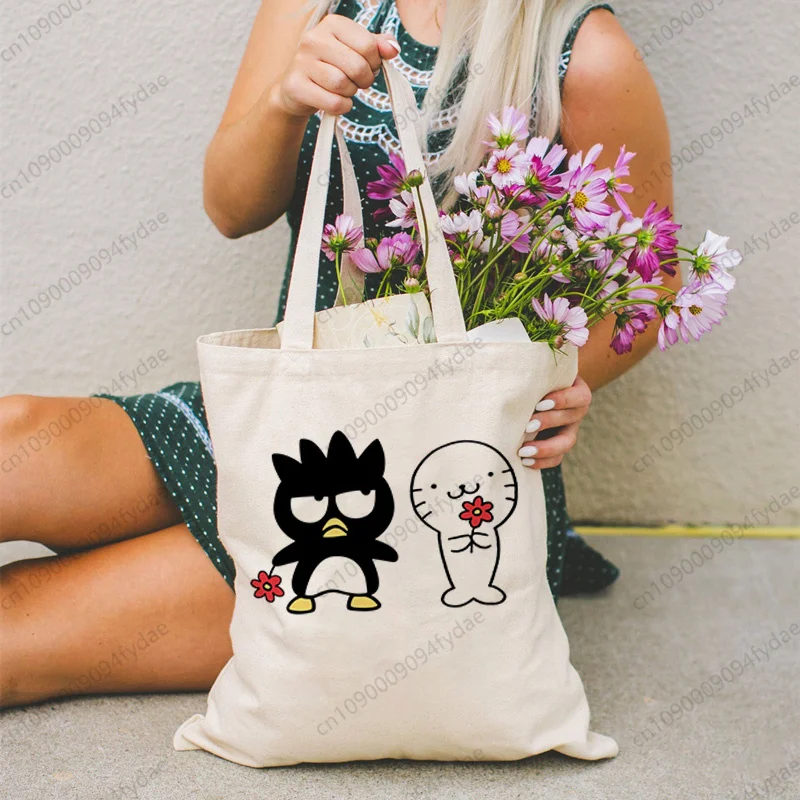 

Сумка-тоут Kawaii Bad Badtz-maru Happy Birthday, холщовая сумка с мультяшным принтом, многоразовая, для повседневного использования, для путешествий, для покупок