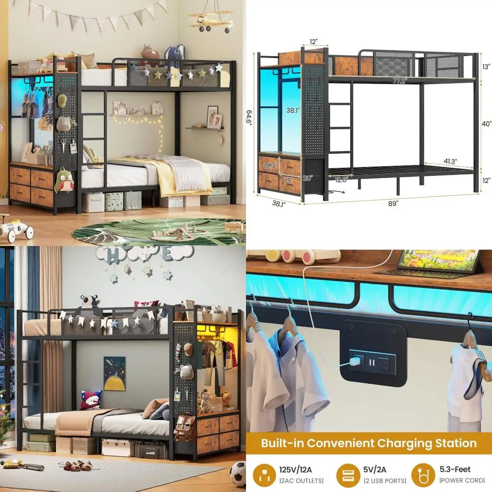 Twin Over Twin Metal Bunk Bed with Hall Tree, Power Outlet, LED Lighting, 4 Storage Drawers, and Safety Guardrail