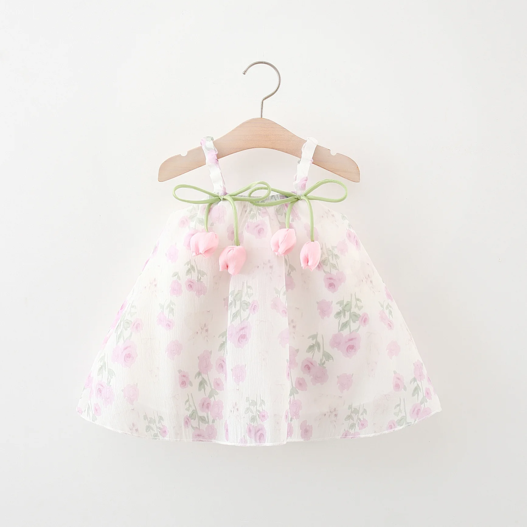 Girl\'s baby dress summer girl covered in flower print tulip bow decoration suspender chiffon princess dress