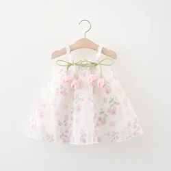 Girl's baby dress summer girl covered in flower print tulip bow decoration suspender chiffon princess dress