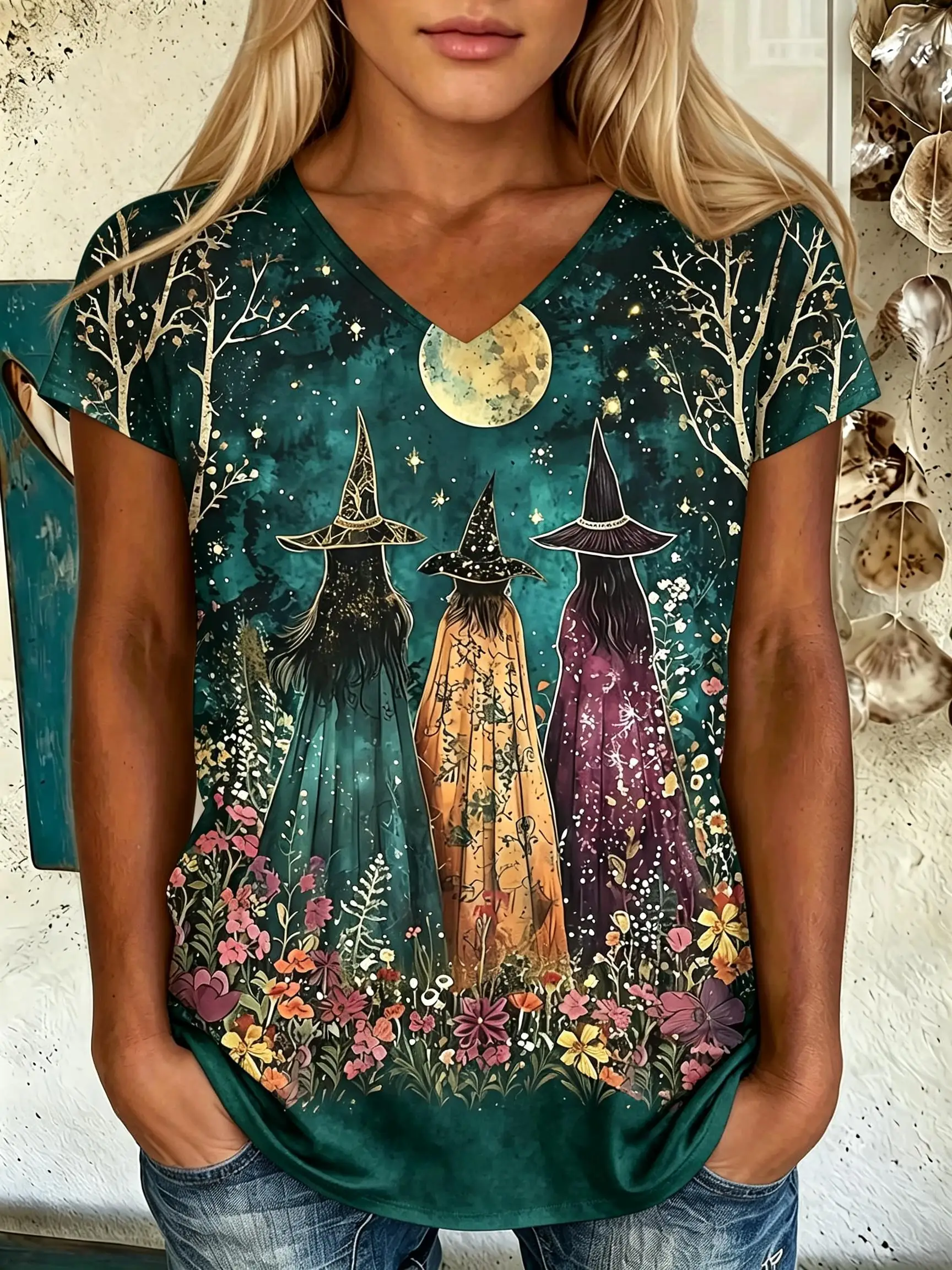 Women V‑Neck Short Sleeve T‑Shirt Halloween Graphic Print Tees Forest Witch Moon Day Of The Dead Skeleton Casual Loose Tops