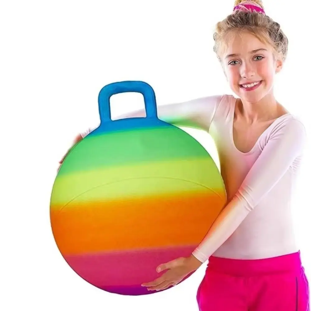 Durable Diameter 18 Inch Bouncy Ball With Handle Rainbow Sports Hopping Ball PVC Inflatable Jumping Ball Boys Girls