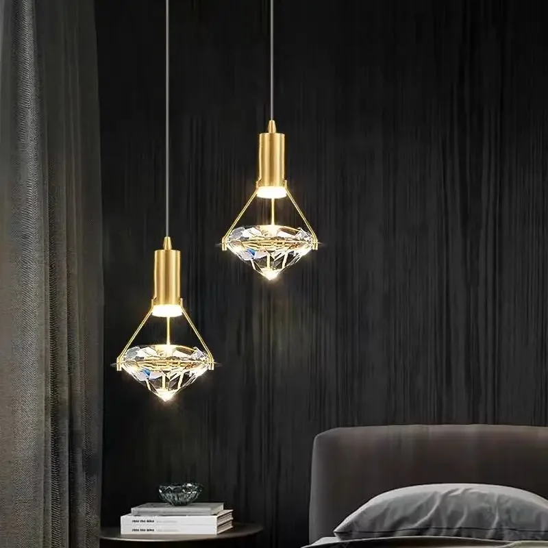 

Luxury Bedside Lighting Pendant Hanging Copper Lamp Body Crystal Shade Decorative Pendant Light Designer Dining Room Pendant