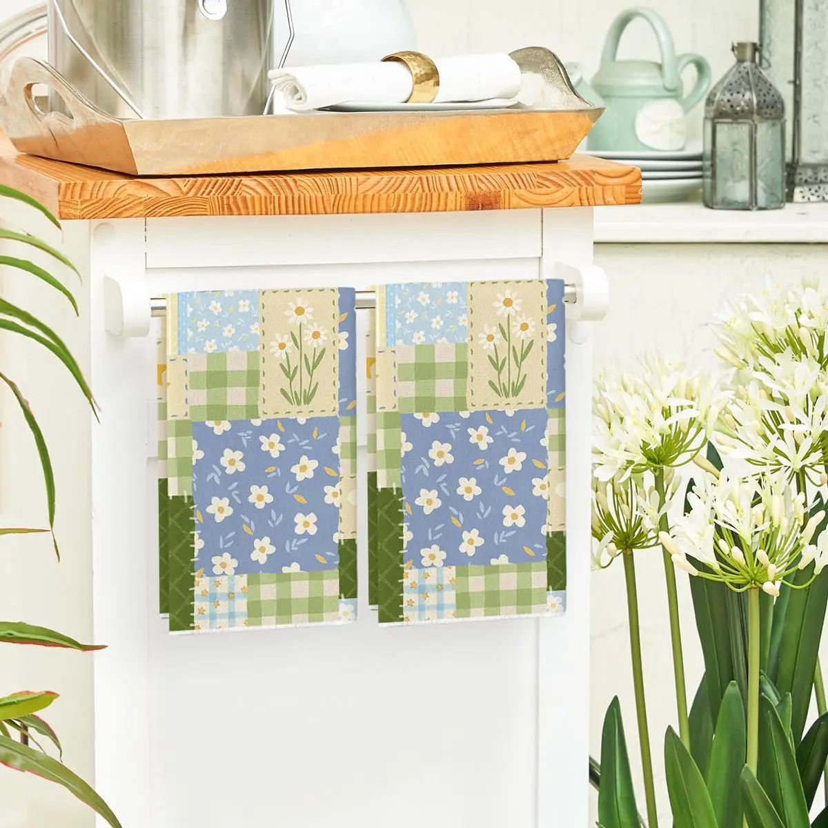 2-Pack Grid Design Star Daisy Floral Household Simple Cleaning Cloth, Scouring Pad, Dish Towel, Tea Towel, Placemat, for Washing and Drying Household Items, Soft Absorbent Drying Cloth, Lint-Free, Non-Fading, Reusable. Spring and Summer Floral Design