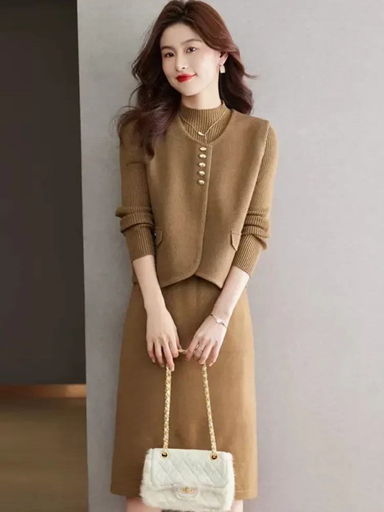 Elegant New Knitted 2 Piece Sets Women O-neck Slim Long Sleeve Knitwears Dress Conjuntos Korean Casual Sleeveless Vest Outfit