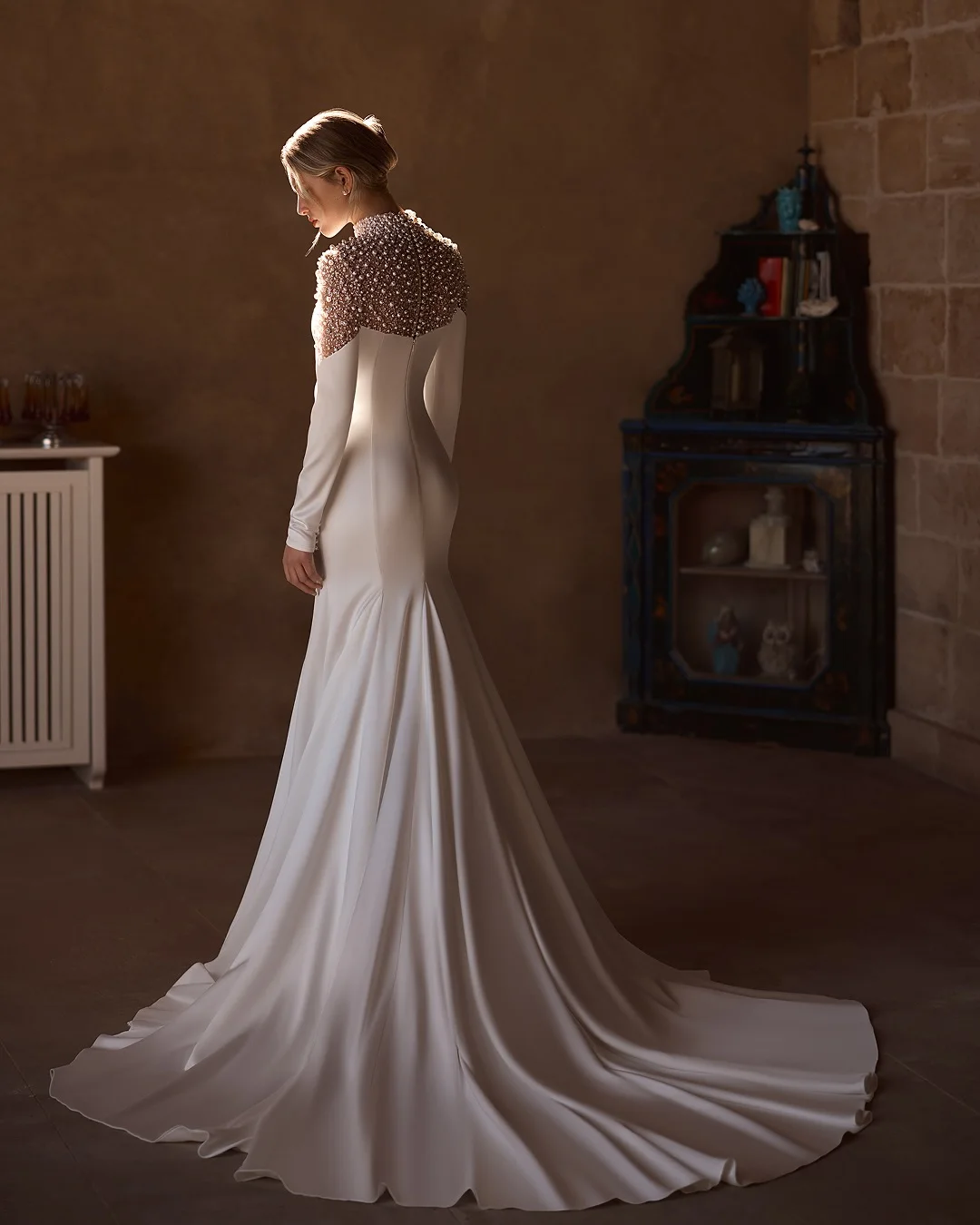 Modern High Neck Wedding Dress Sweep Train Long Sleeves Mermaid Bridal dress For Wedding Backless Vestidos De Novia Customized