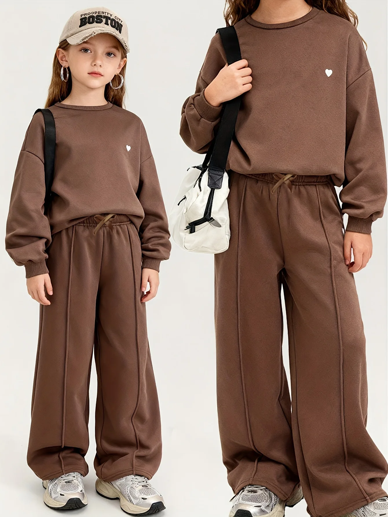 New Autumn Winter Girls Children Set Kids Long Sleeve Heart Teens Top Sweatshirt + Wide Leg Loose Pants Tracksuit 4 8 10 12 Year