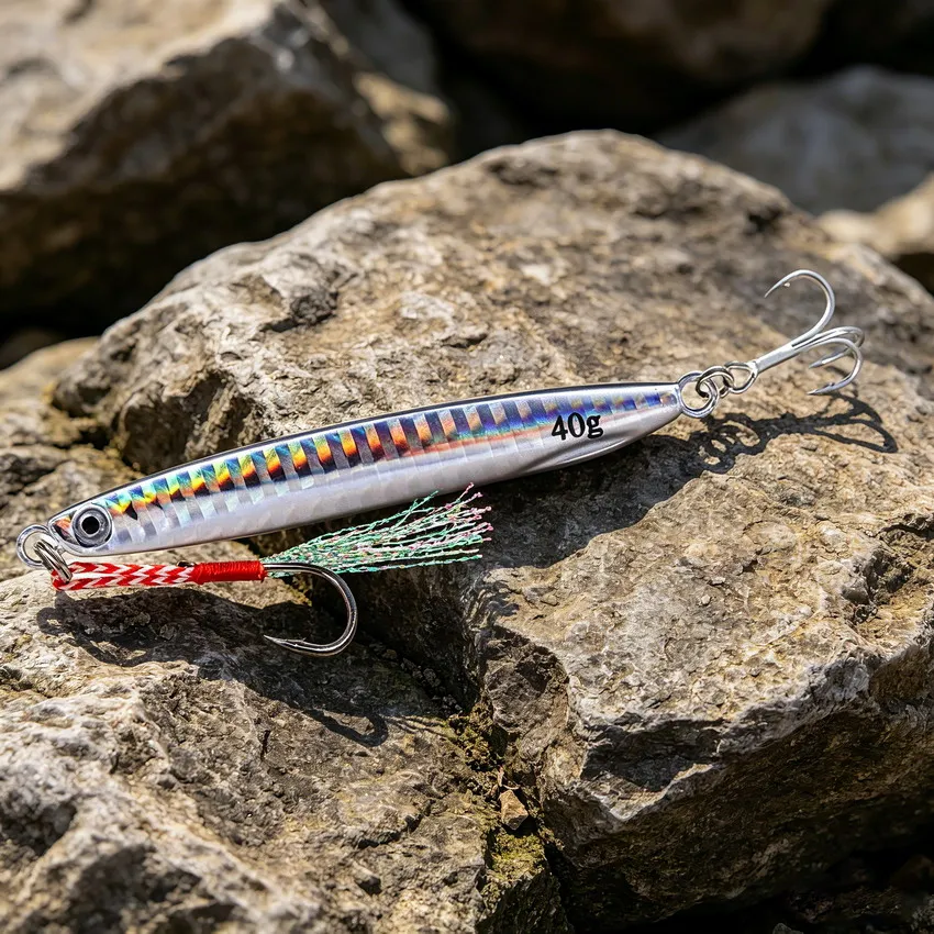 1 Stück 40g 30g 21g 17g -7g Salzwasser Slow Jigging Köder Holografischer Metall-Jig-Köder mit Assist-Haken für Thunfisch und Zackenbarsch – Detail 8
