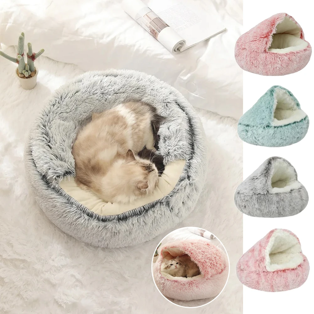 

Winter Long Soft Plush Round Cat Bed Pet Mattress Pet Bed Winter Warm Plush Comforter Nest Shell Cat Nest Semi-enclosed Cat Nest