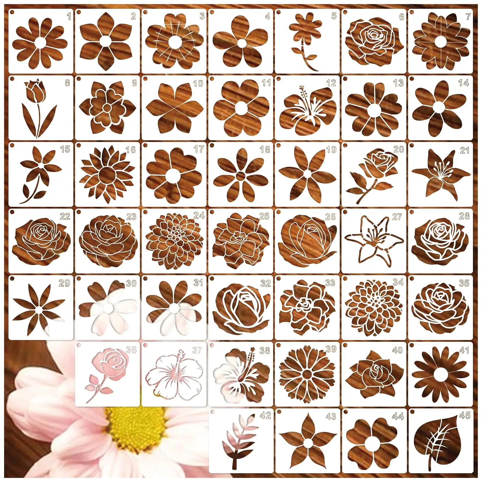 45 plantillas de flores, adecuadas para pintar sobre madera, reutilizables, plantillas pequeñas y bonitas de margaritas, hojas y flores, adecuadas para pintar en paredes y lienzos, también para hacer tarjetas, telas, c