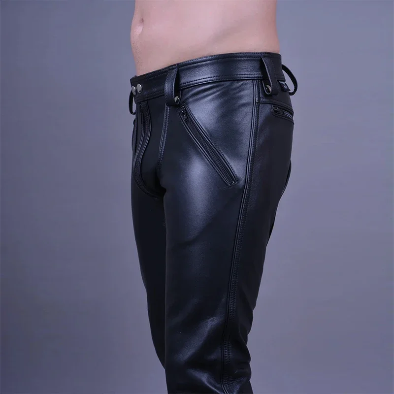 

Faux Latex Black Matte Leather Men Straight Pants Male Zip Crotch Opening Splicing PU Sexy Slim Trousers With Pockets New Custom