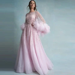 Arabic Pink Tulle Long Prom Gowns Feather Lush Dubai Women Maxi Dresses Beading Ostrich A-line Sheer Neck Prom Gowns Layered