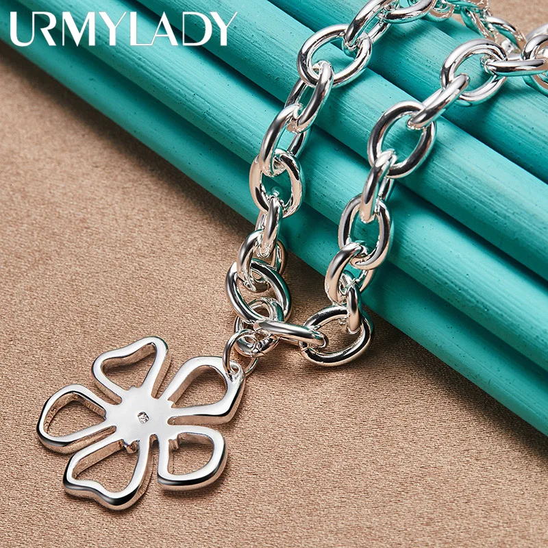 URMYLADY 925 Sterling Silver Flower 18 Inch Pendant Necklace For Women Fashion Wedding Engagement Party Jewelry