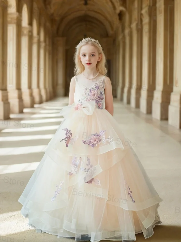 

Champagne color Flower Girl dress tulle Suspenders Bow long skirt Can custom color kids formal occasion princess wedding gown