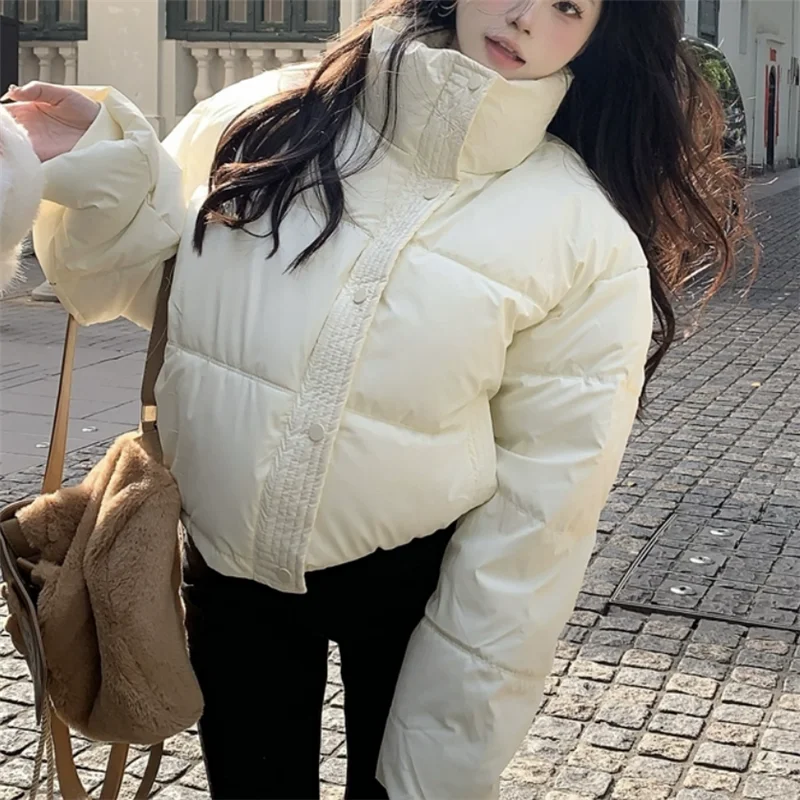 Chic Small Girl Cute Padded Short Bread Coat Women 2024 Fall Winter Fashion PU Stand Collar Parka Lazy Casual Warm Thick Jacket