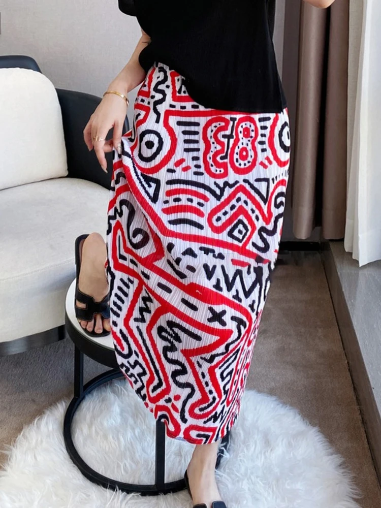 

Pleated Skirts Printing Women Elegant Temperament High Waist Knee-length Big Size Loose 2022 Summer New Fashion Trend