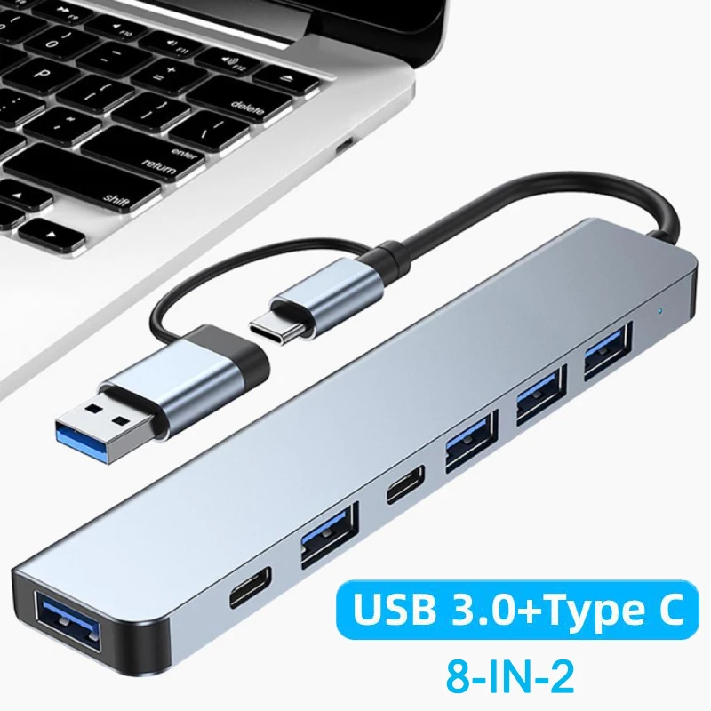 8 в 2 порта Концентратор типа C 3.0 USB C Док-концентратор USB 3.0/2.0 Мультиадаптер SD TF Card Reader 3.5 Audio Extender Splitter