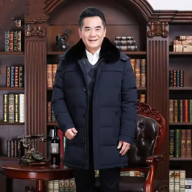 

Мужской длинный модный молодежный толстый теплый зимний пуховик для папы среднего и пожилого возраста, свободное пальто для пожилых людей, съемная кепка большого размера