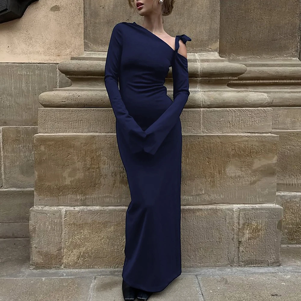 Elegant Pure Color Long Sleeve Wrap Dress Sexy Slant Shoulder Bow Tie Open Split Design Autumn Winter New Arrival Women's Dress