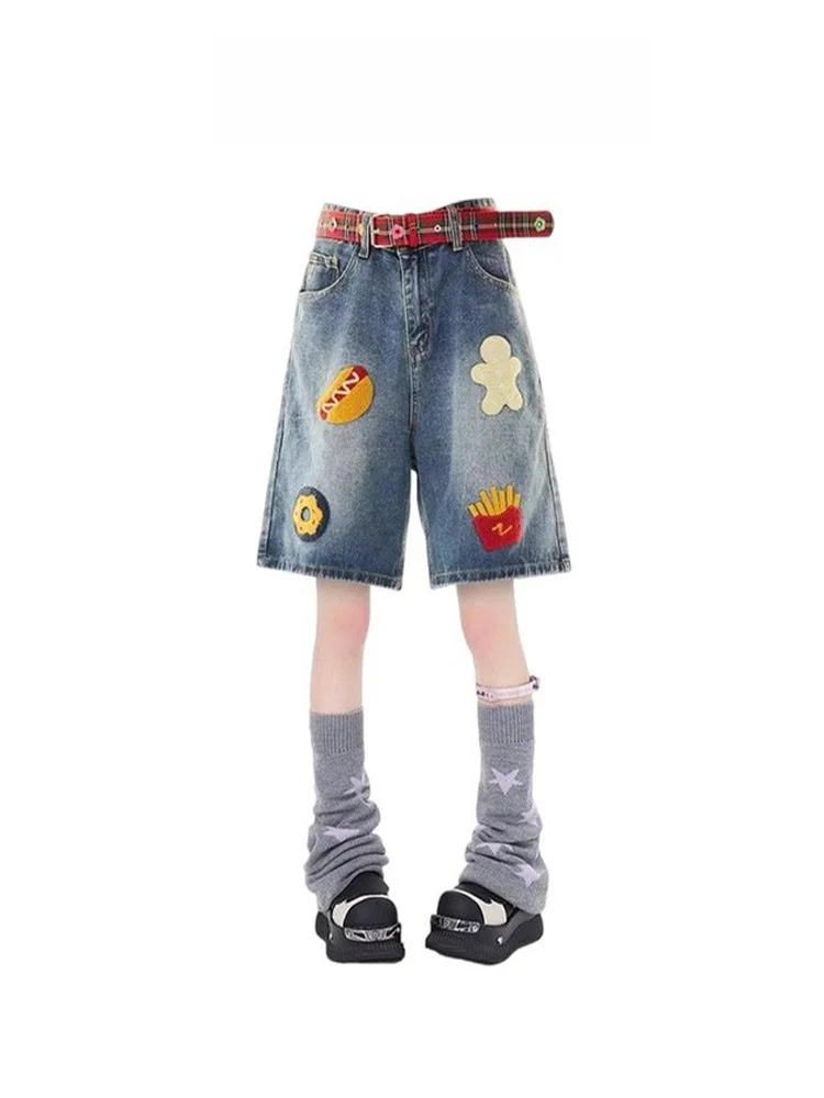 

Летние свободные джинсовые брюки с высокой талией и вышивкой, прямые брюки пять четвертей, женские брюки в американском стиле High Street Sle