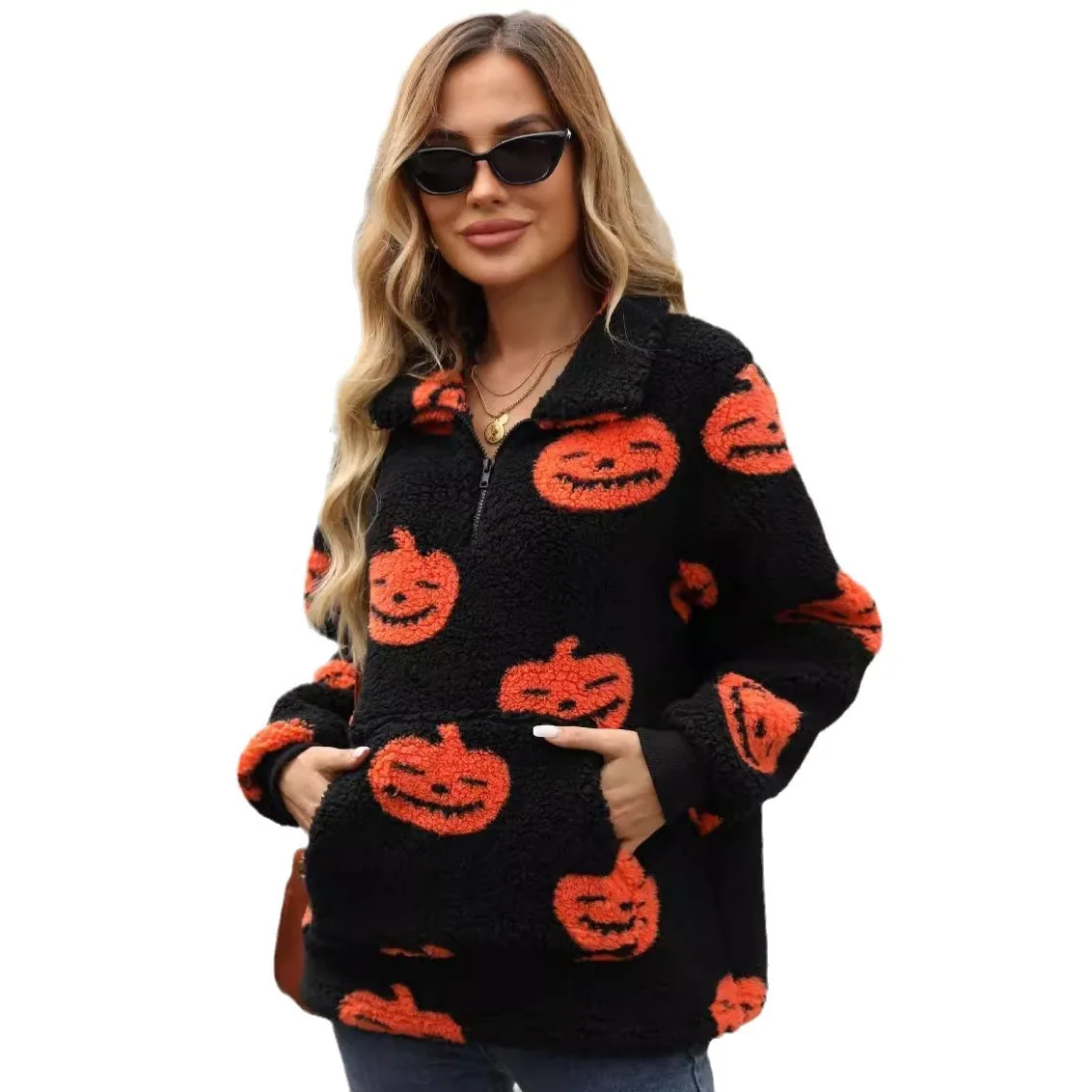 Flash Velvet 2025 Autumn and Winter Halloween Pumpkin Print Half Zipper Warm Pullover Women's Sweater