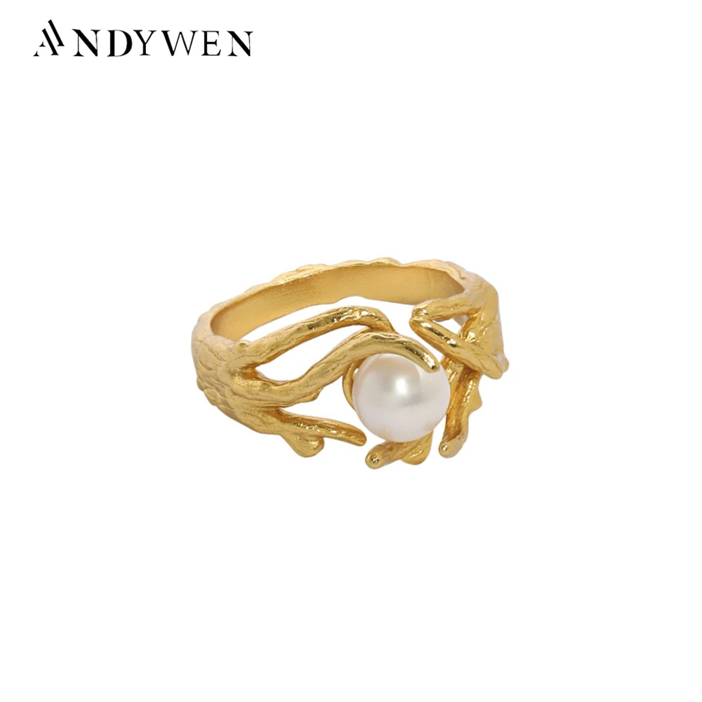 ANDYWEN 100% 925 Sterling Silver Gold Pearl Irregular Geometric Resizable Rings Women Rock Punk Luxury Truck Women Jewelry Gift