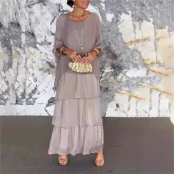 Casual Loose Chiffon Long Cake Dress Women's Art Style Round Neck Daily Resort Maxi Dress Summer 2024