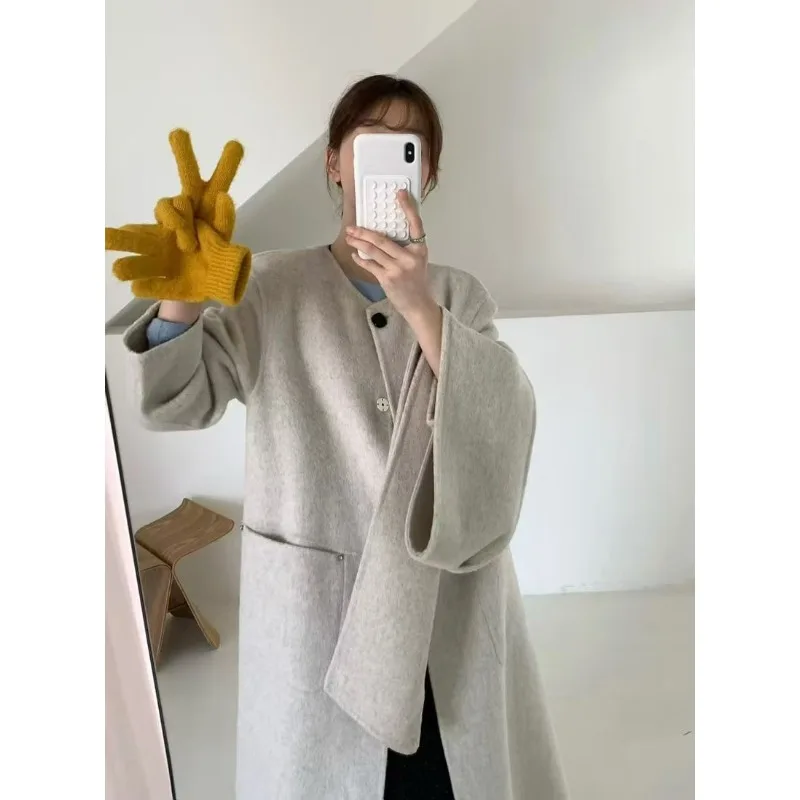 الخريف والشتاء منتج جديد مزاجه وشاح على الوجهين معطف الصوف المرأة فضفاضة موضة جولة الرقبة معطف طويل الصوف