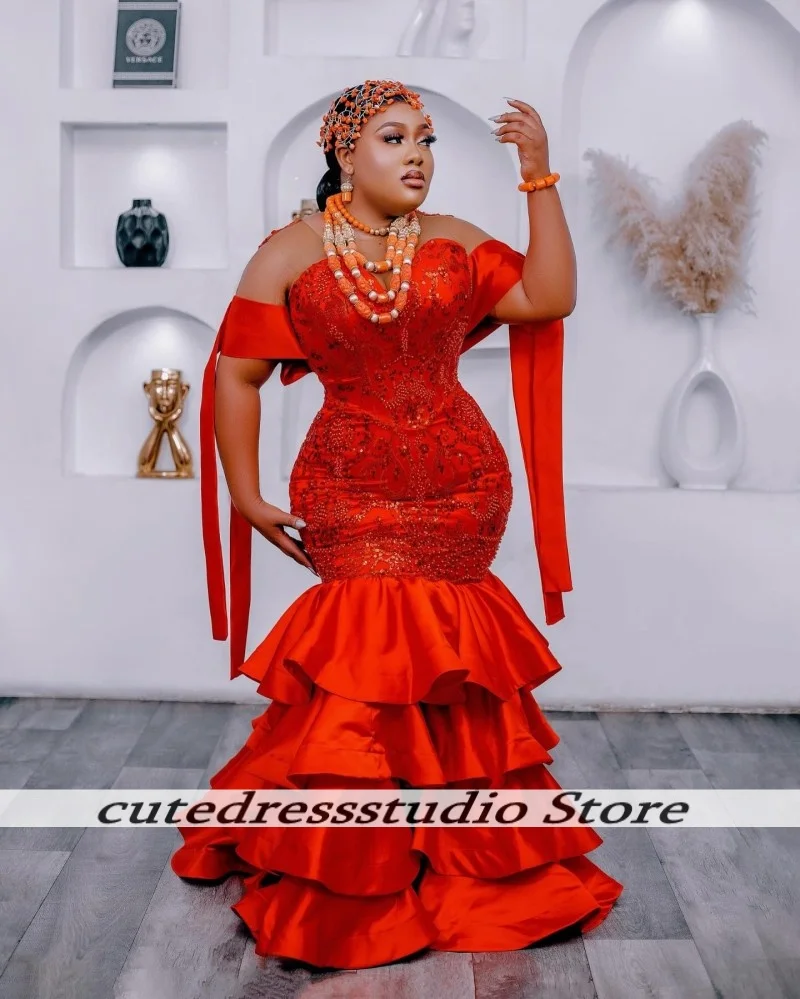 Red Multi-Layered Ruffles Mermaid Evening Gowns For African Girls Luxury Sequin Beaded Wedding Reception Party Dress Customized
