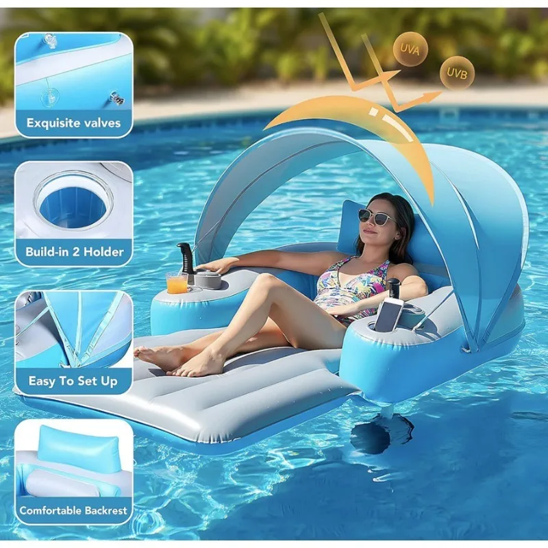 Motorized Inflatable Pool Lounger Rechargeable Float Chair with Cup Holder Headrest for Adult Lake River Beach Water Tanning
