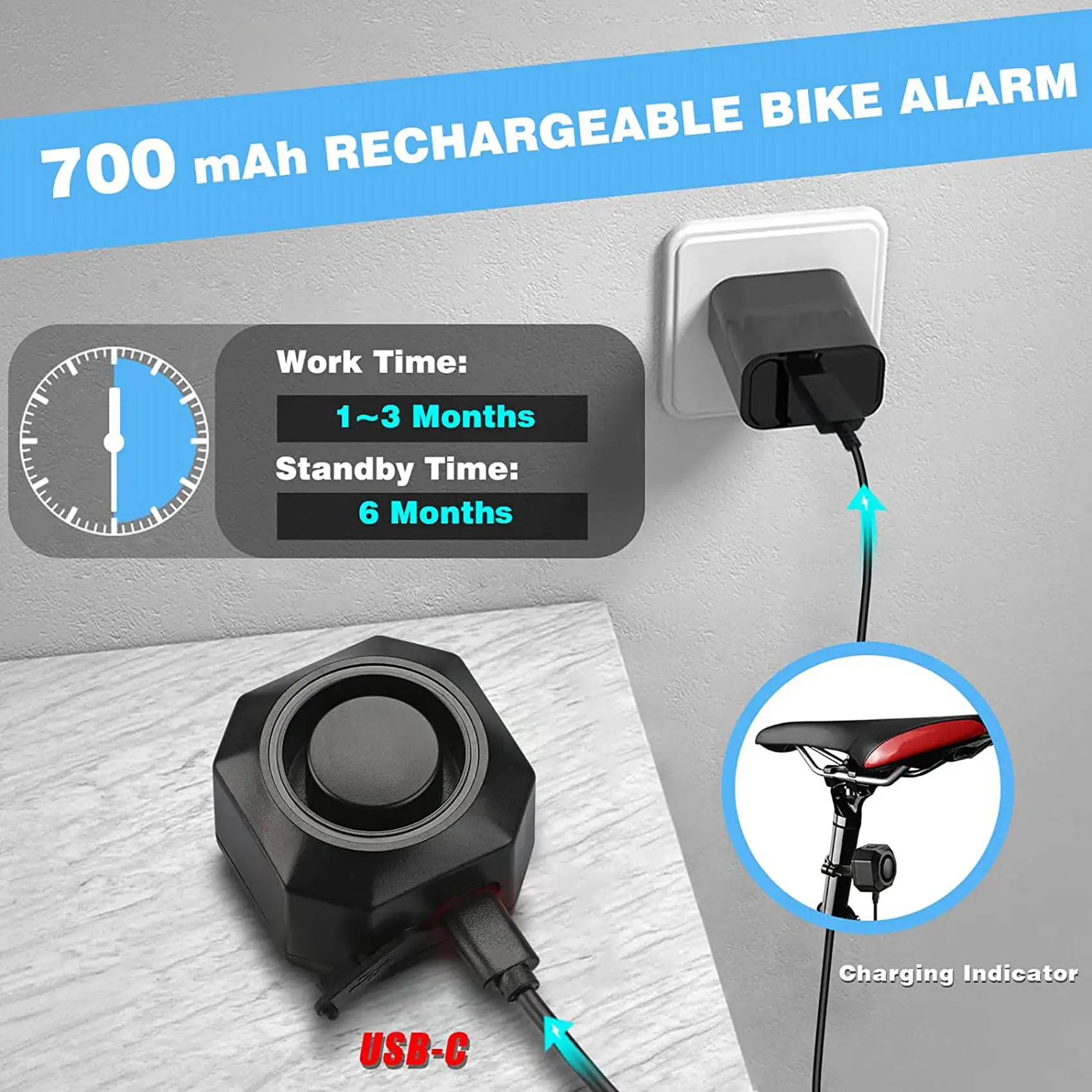 usb充電式自転車アラーム、リモコン付き、110db大音量ワイヤレス盗難防止振動モーションセンサー車両セキュリティアラーム-y41a