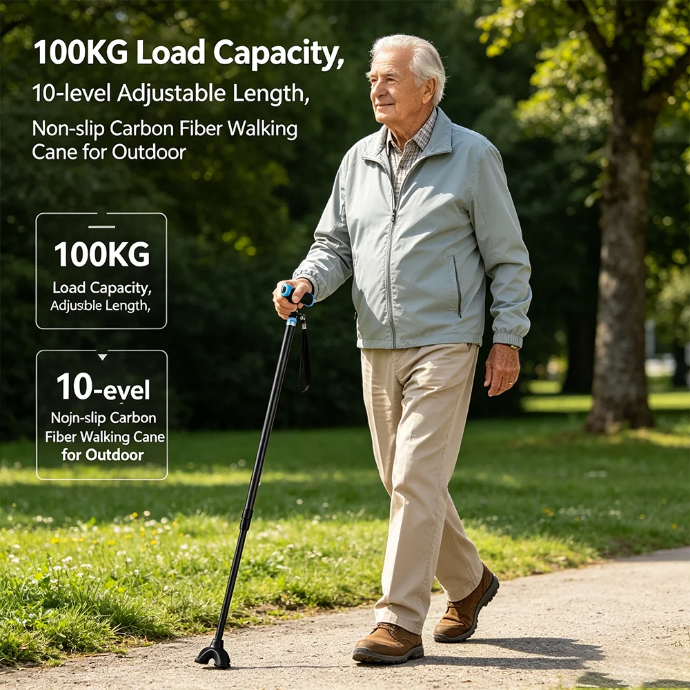 Carbon Fiber Walking Cane for Seniors Quad Base 4 Point Non Slip Self Standing Ultralight Adjustable Walking Stick for Elderly