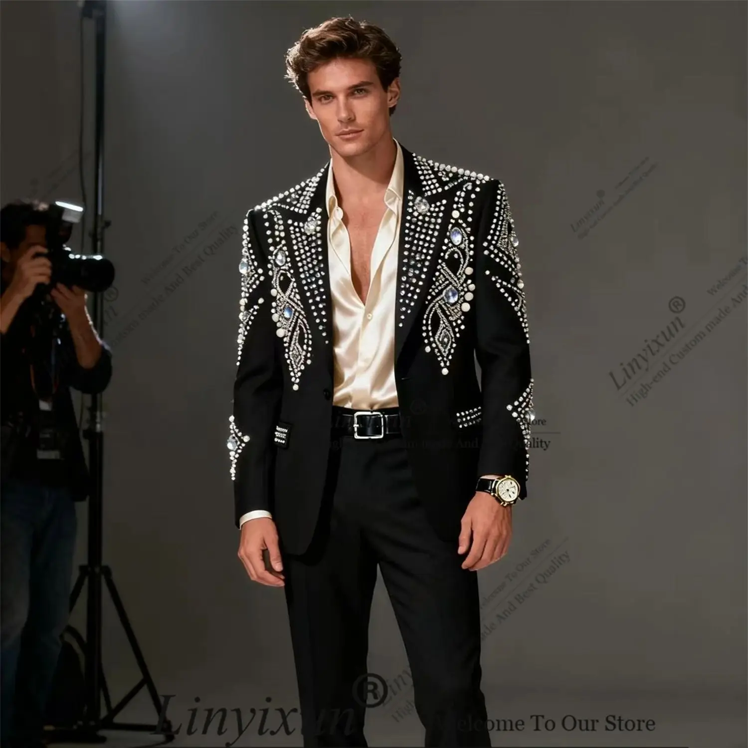 

Повседневная мода, мужские костюмы с кристаллами из бисера, остроконечные лацканы, смокинги для жениха, комплект из 2 предметов, костюм по индивидуальному заказу, Homme, вечерние, свадебные, выпускные, пиджаки