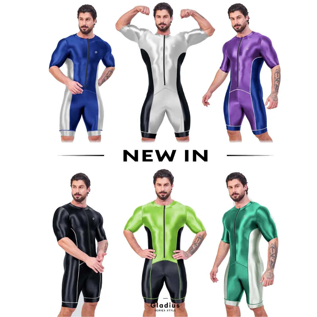 AMORESY Men Oil Glossy Spandex High Stretch Breathable Triathlon Swimsuit Riding Shortsleeve Jumpsuit Tracksuit Bodysuit Catsuit