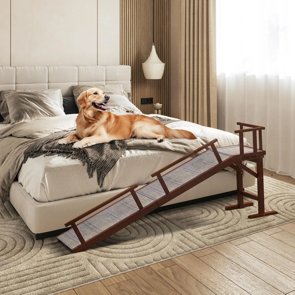 Wooden Dog Ramp for Bed with Removable Side Rail and Non-Slip Carpet, Stable Pet Ramp Stair for Couch Sofa for Small & Large & S