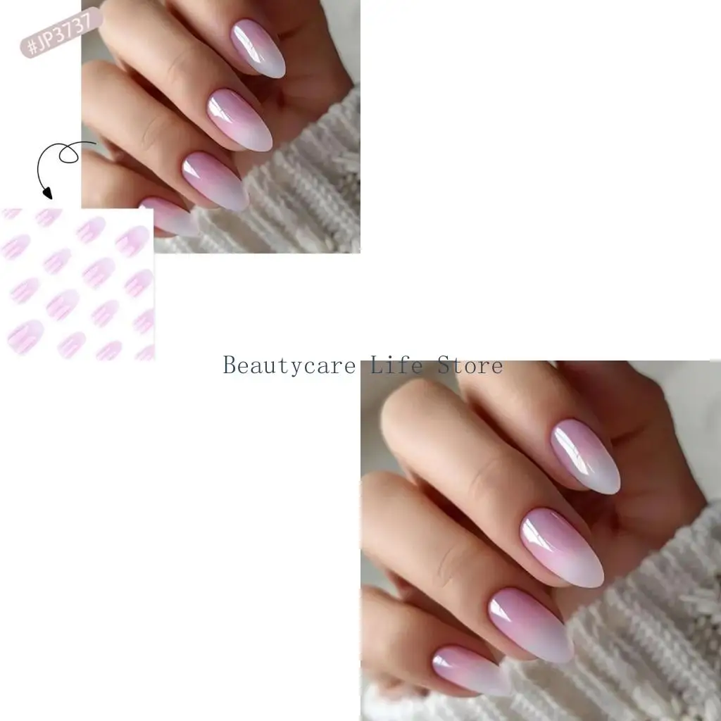 652C 24 Pcs Pink Gradient Press On Simple False Glossy Acrylic