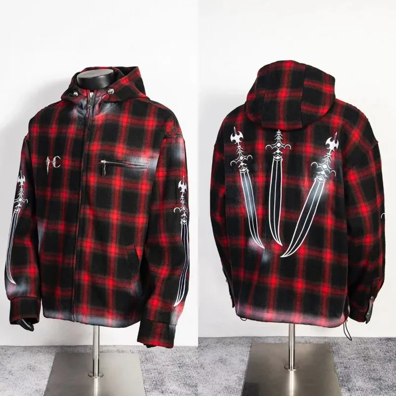 American Hip-hop Streetwear Thug Club 24FW Vintage Plaid Hooded Zipper Jacket Autumn Metal Logo Fashion Men's Women's Hoodie