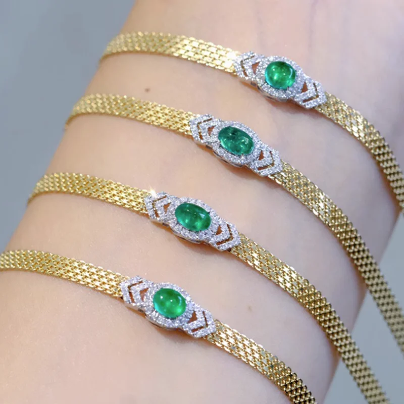 Au750 18K Yellow Gold Ring 0.45 Carat Real Natural Emerald bracelet  Wedding Party Engagement Anniversary bangle