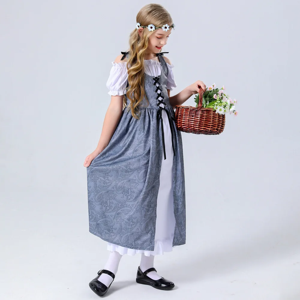 

Victorian Dresses Short Sleeve Grey Printed Lace-Up Dress Court Elegant Girl Robe Gown Halloween Cosplay Fancy Party Costume