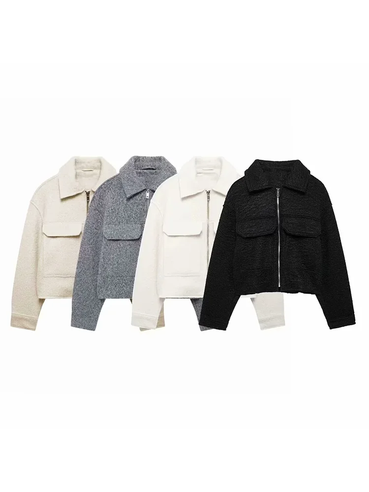 

Willshela Women Fashion With Pockets Solid Front Zipper Jackets Vintage Lapel Neck Long Sleeves Female Chic Lady Outfits