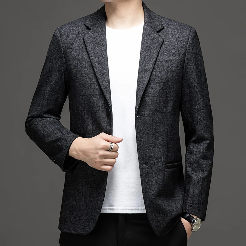 Spring Autumn Men Slim Fit Blazers Gray Plaid Suit Jacket Male Business Casual Outfits Single Breasted Notched Lapel Attire 2024