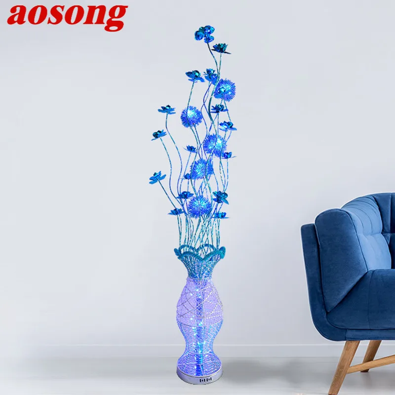 AOSONG Nordic Blue Floor Lamp Modern Art Living Room Bedroom Aluminum Wire LED Romantic Countryside Flower Decorative Light