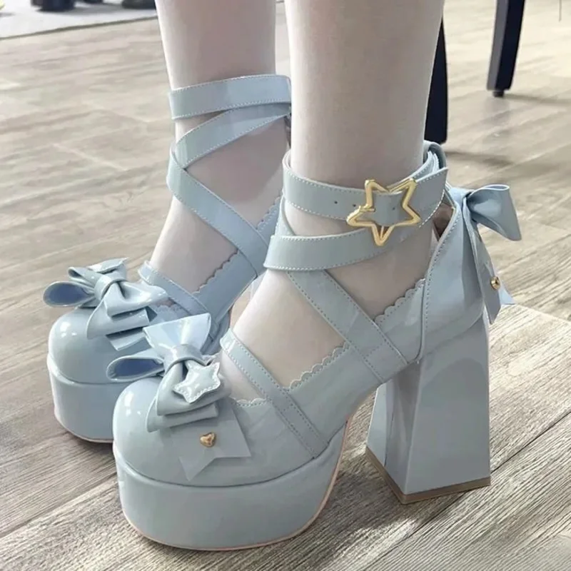 Boog Y2K Lolita Ster Liefde Schoenen JK Little Rose Schoenen Leren Schoenen Rokken Prinses Leuke Ronde Kop Hoge Hakken Hot Girl Schoenen Nieuw