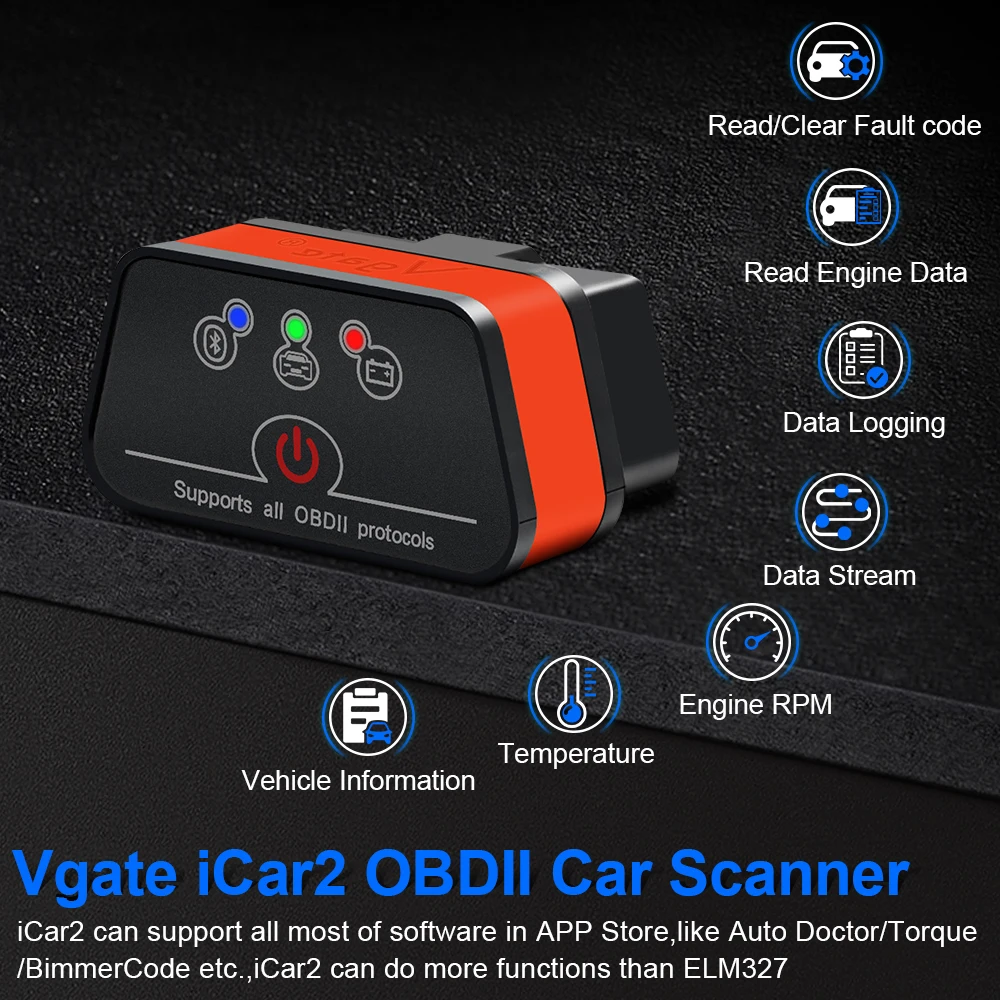 Vgate iCar2 ELM327 V2.2 OBD2 Scanner For Android iOS Bluetooth 3.0 WiFi OBD 2 Car Diagnostic Tool Code Reader PK ELM 327 V 1 5