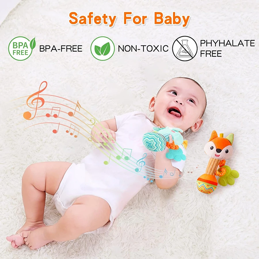 아기 딸랑이 0-6개월 아기용 부드러운 딸랑이 손잡이 감각 자극 딸랑이 치아발육 장난감 6-12개월 동물 플러시 장난감