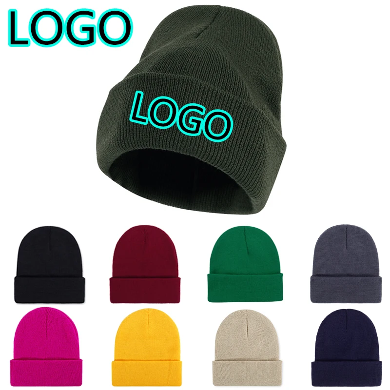 New Custom Logo Solid Color Women Beanie Cap Outdoor Warm Men Crimping Skull Knitted Hat Winter Skullies Caps Casual Ski Hats