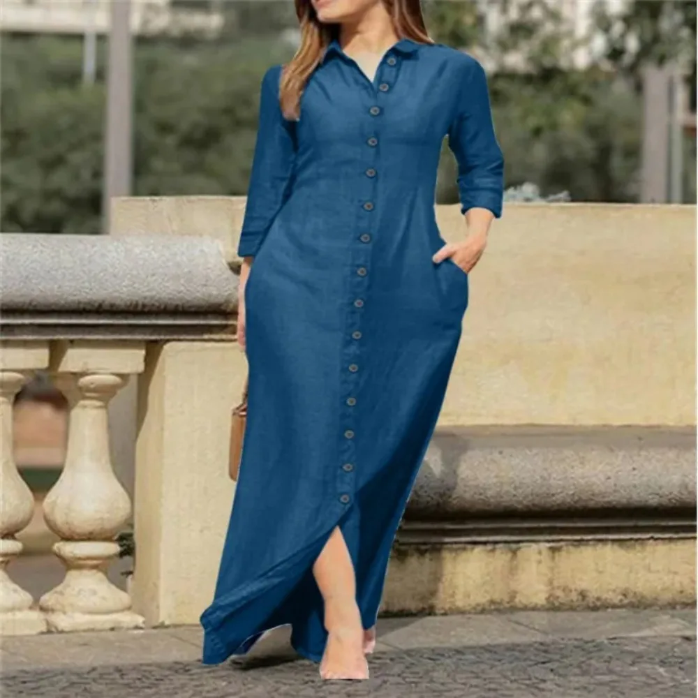 Spring/Summer Women\'s L-5XL Plus Size Elegant Neutral Style Cotton Linen Long Dress Long Sleeved Lapel Solid Color Loose Casual