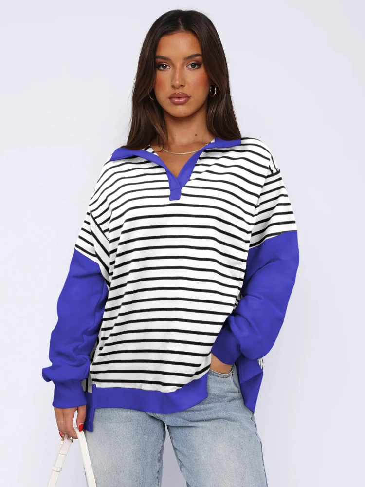 Spring Autumn Knit Striped Polo Sweatshirt Loose Casual Hoodies Women Fashion Color Collision Long Sleeved Tops Women‘s Clothing